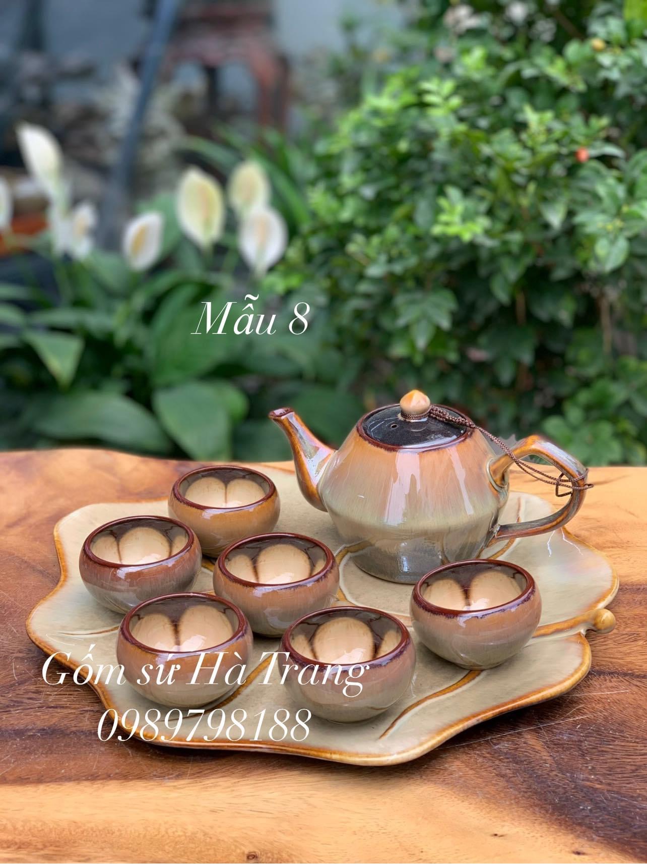 Bộ trà bộ ấm chén gốm sứ Bát Tràng cao cấp men hoả biến dung tích 400ml kèm khay sứ