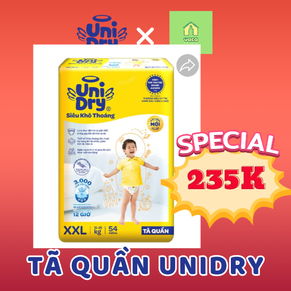 Tã/bỉm quần UniDry siêu khô thoáng gói Jumbo size M76/L68/XL60/XXL54