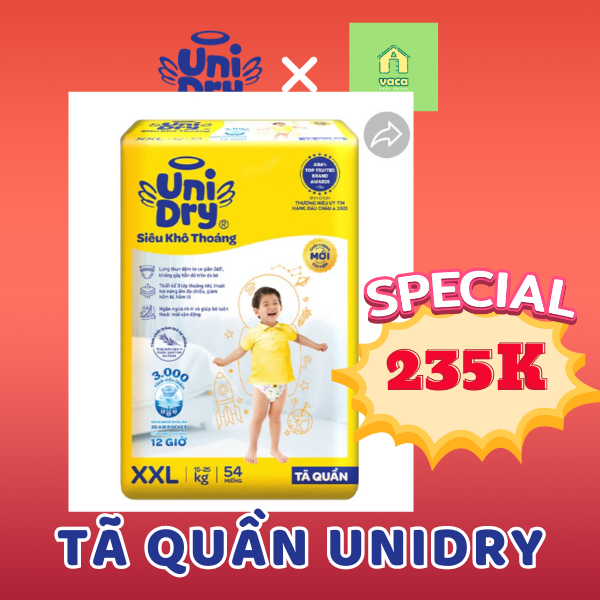 (MẪU MỚI) Tã/bỉm quần UniDry siêu khô thoáng gói Jumbo size M76/L68/XL60/XXL54