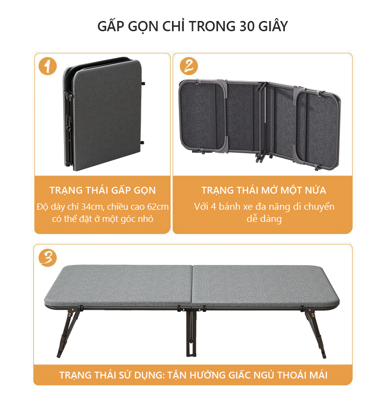 Giường gấp gọn thông minh khung thép chống ghỉ sơn tĩnh điện thương hiệu IGA - GN68