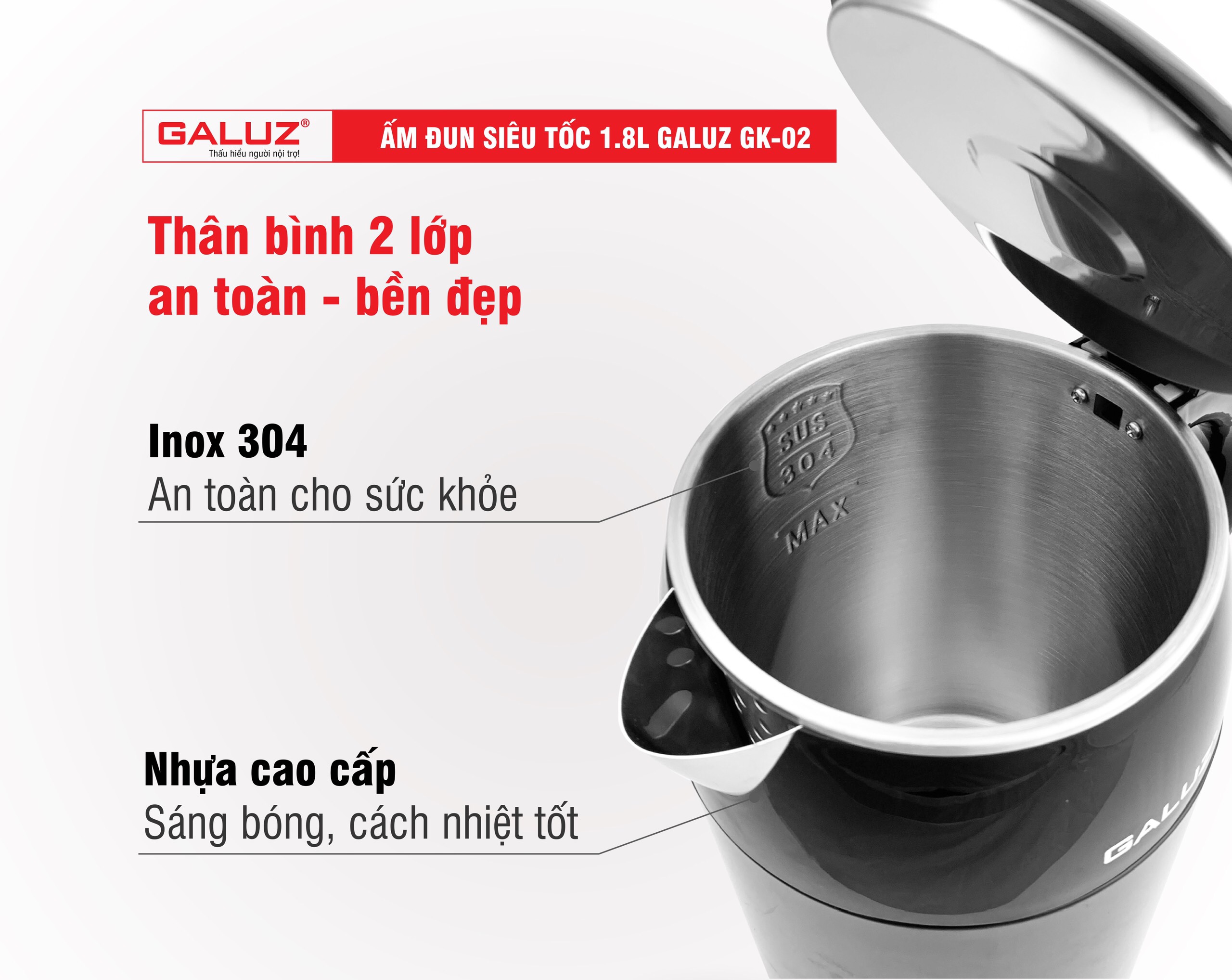 Ấm đun siêu tốc đun nước inox 2 lớp Galuz dung tích 1.8L công suất 1500W - Hàng chính hãng Galuz