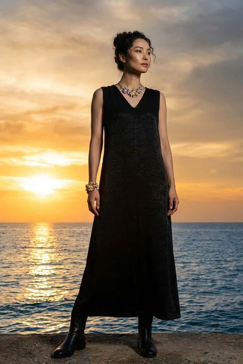 Đầm Maxi Dáng Suông Lụa Đen Hải Thạch Dre202 thời trang thiết kế Hity