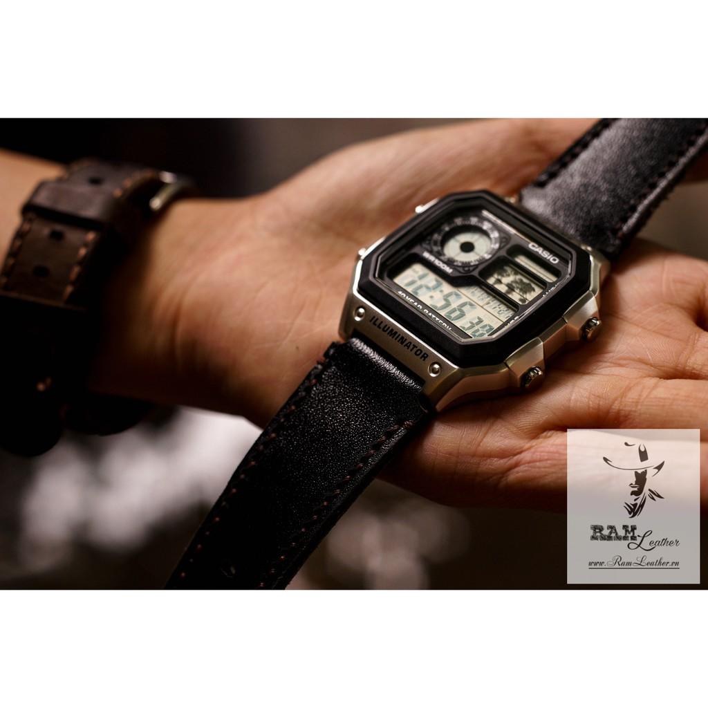 Dây đồng hồ da bò cho Casio AE1200 WHD và Seiko 5 37mm - Da bò đen tuyền