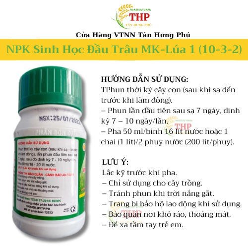 Phân Bón NPK Sinh Học Đầu Trâu MK-Lúa 1 (10-3-2) | Phân bón lúa | Phân Bón lá NPK Sinh Học | chai 100ml