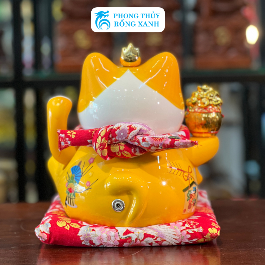 Mèo Thần Tài-Mèo May Mắn Chiêu Tài Đón Khách-Mèo Đại Phú Đại Quý Màu Vàng 8 inch-Gốm Sứ Cao Cấp
