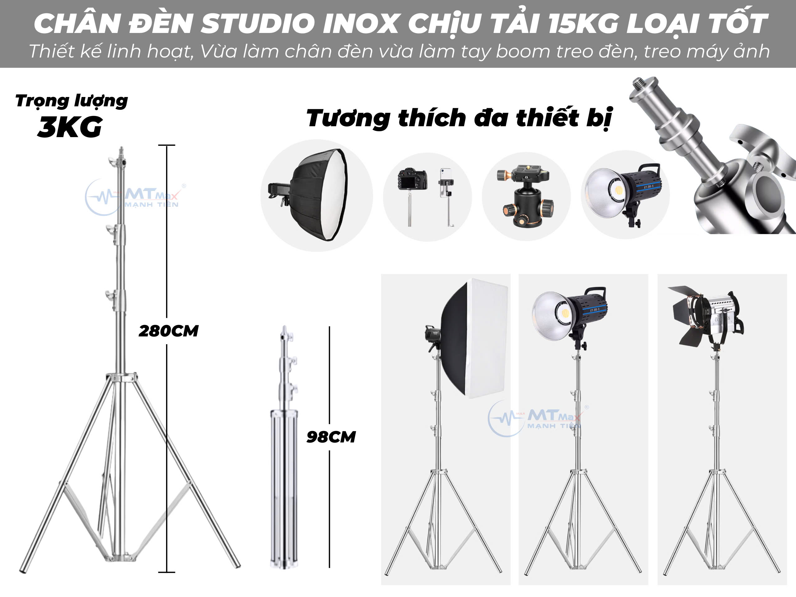 Chân đèn inox 8809 cao 2.8m loại tốt chịu tải 10 kg gắn đèn, máy ảnh chuyên nghiệp cho livestream studio phòng thu hàng nhập khẩu