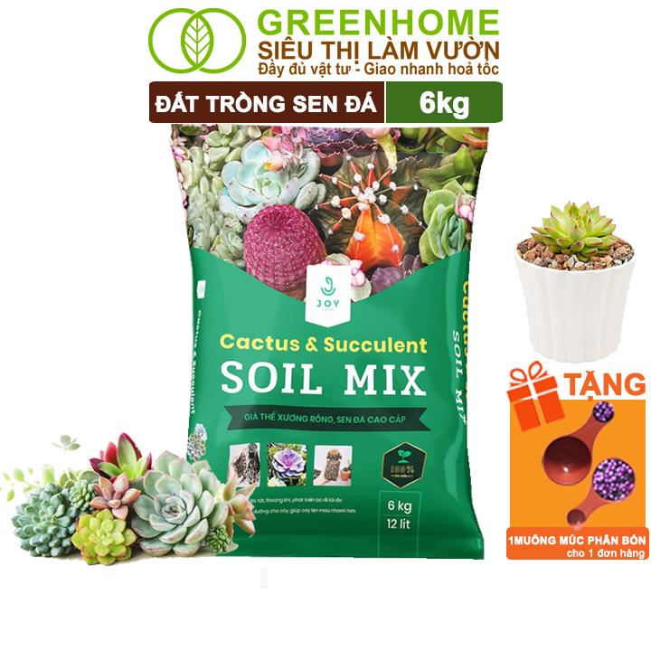Đất Trồng Sen Đá Greenhome, Soil Mix, Bao 6Kg, Trộn Sẵn, 85 Đá Khoáng, Phát Rễ Nhanh, Lên Màu Nhanh, Thoát Nước Tốt - 1 Bao Đất Sen Đá 6Kg