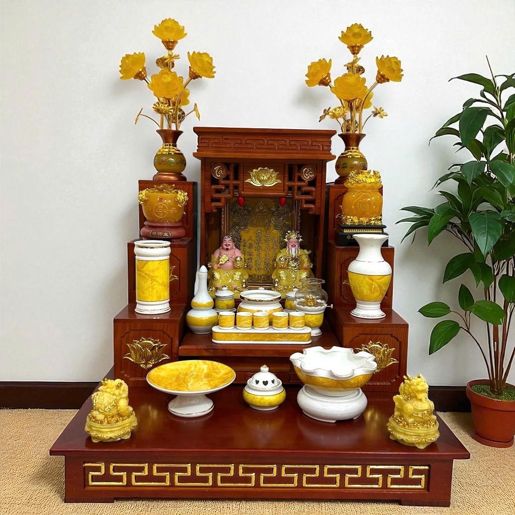 Bộ đồ sứ thờ thần tài RỒNG VIỆT, gốm sứ men trắng vàng cao cấp