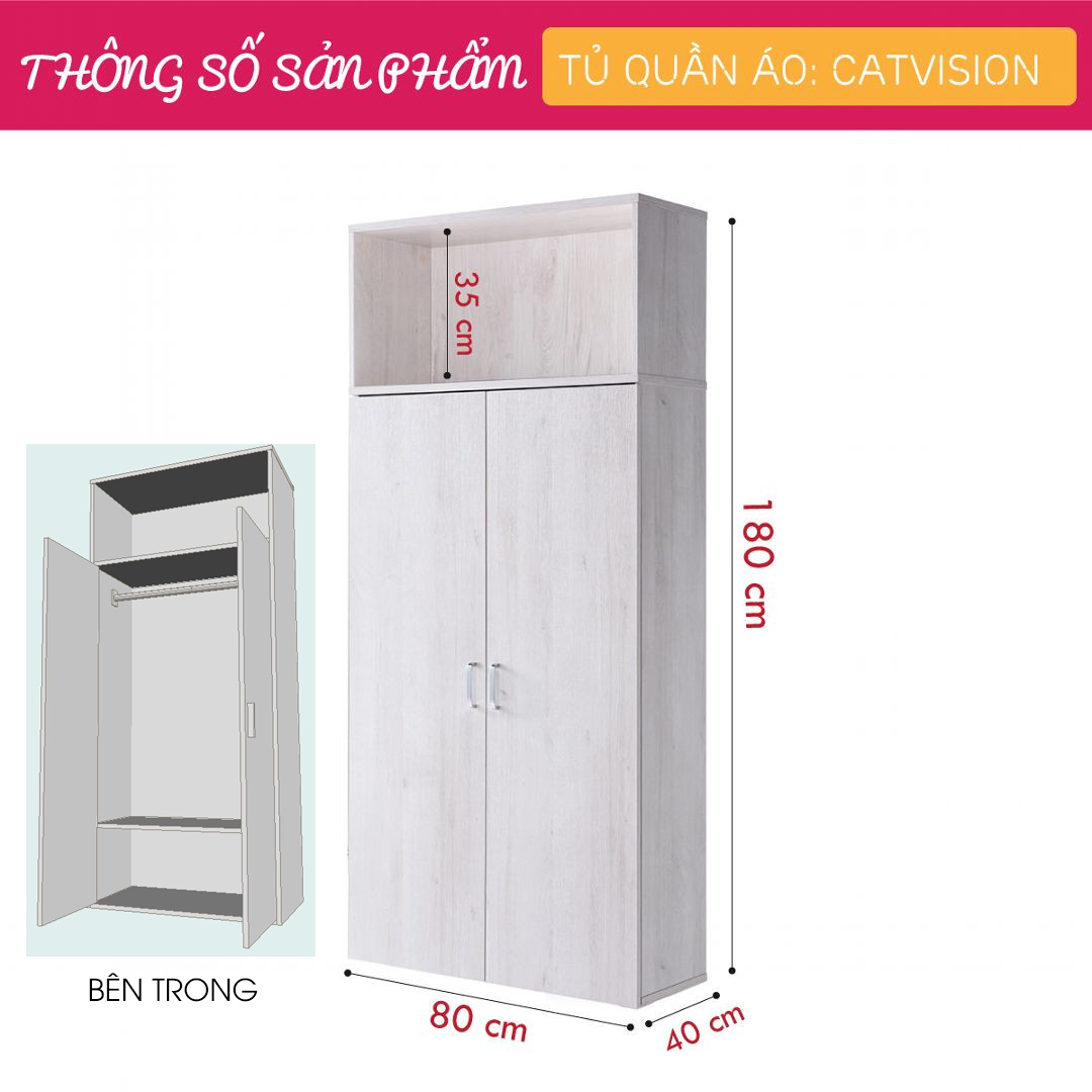 Tủ quần áo gỗ hiện đại SMLIFE Catvision | Gỗ MDF dày 17mm chống ẩm | D80xR40xC180cm