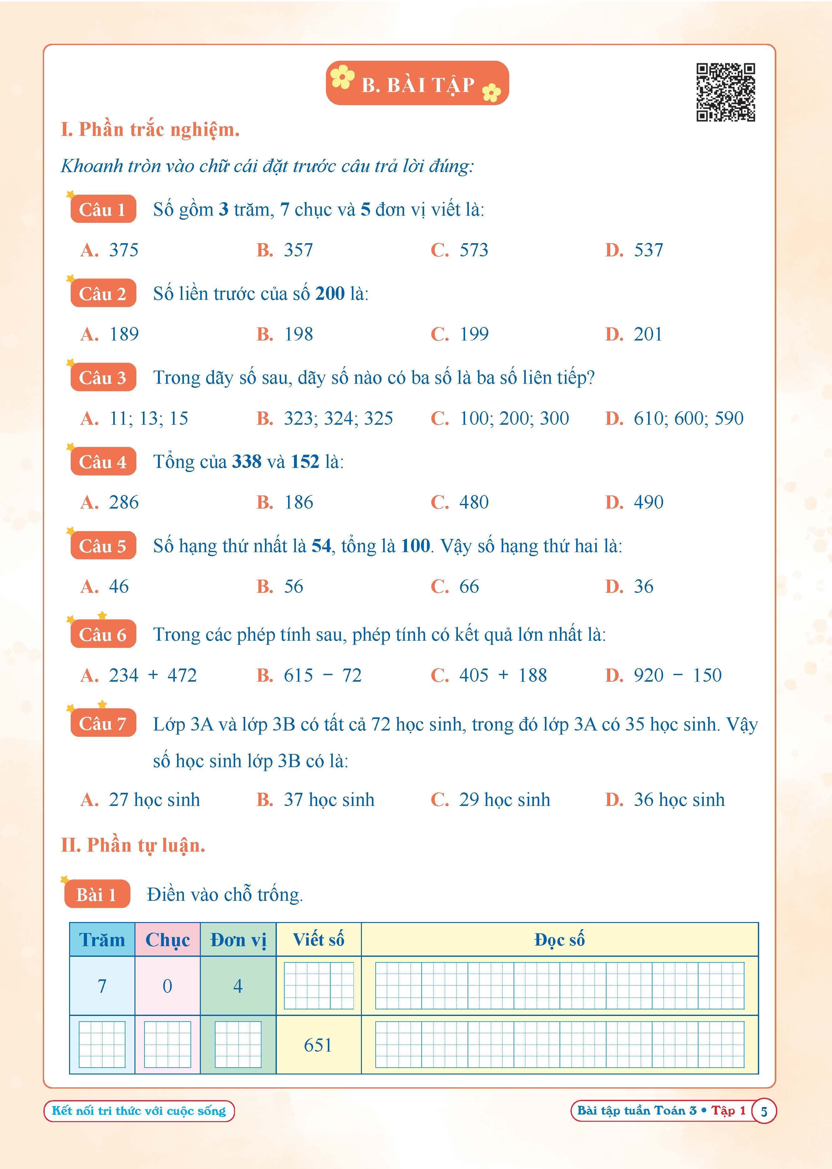 Bài Tập Tuần Toán Lớp 3 - Kết Nối Tri Thức - Hoc kì 1