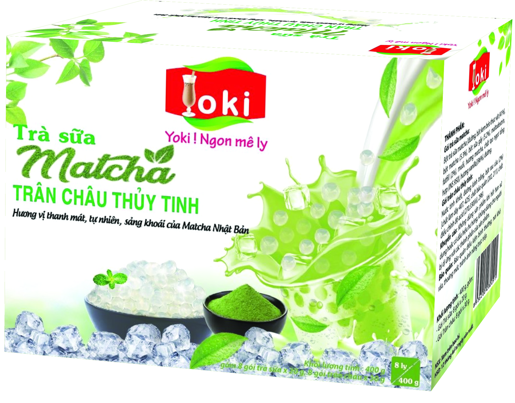 Yoki Trà sữa Matcha trân châu thủy tinh 400g (08 gói trà sữa Matcha 20g+ 08 gói trân châu thủy tinh 30g)