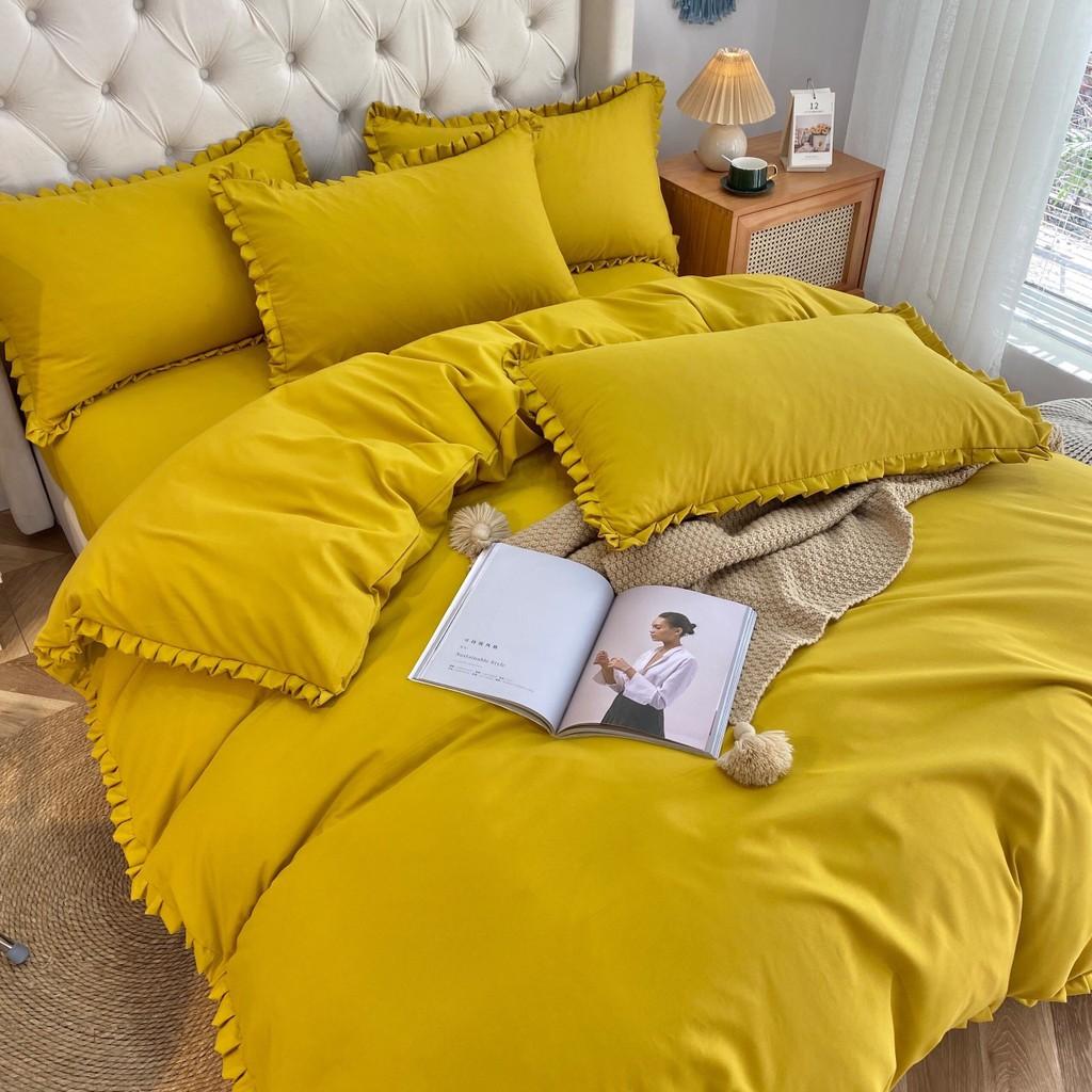 Bộ chăn ga gối Cotton Tici phối bèo M2T bedding, vỏ chăn mền, drap giường và 2 vỏ gối