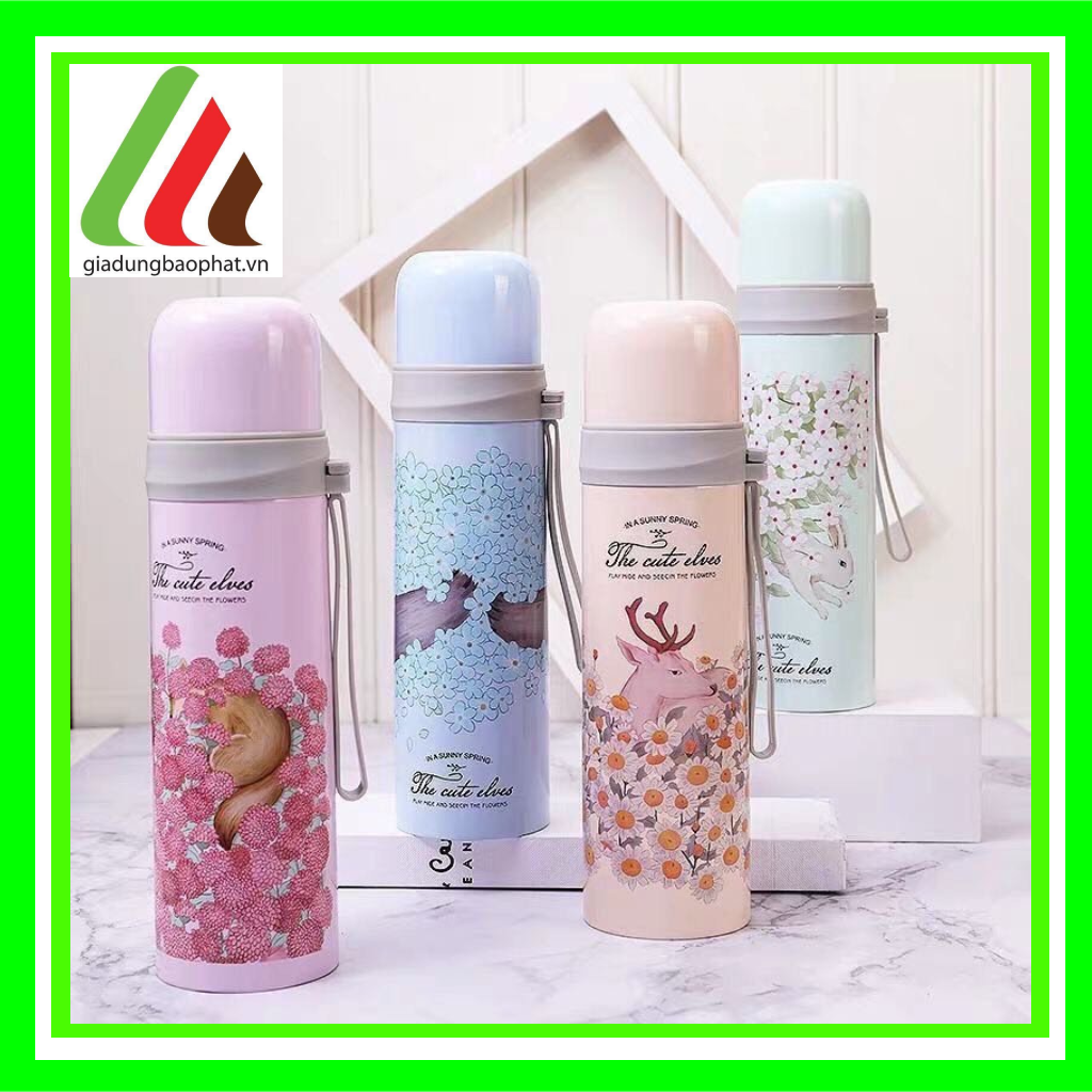 Bình giữ nhiệt the cute elves 500ml inox 2 lớp chân không cách nhiệt in hình dễ thương có dây xách tiện lợi