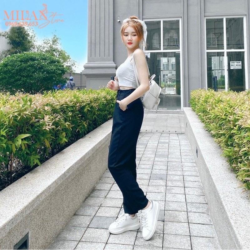 Quần tây baggy đi học nữ cạp có đai lưng cao màu đen dáng dài - Quần vải công sở Vitex dày dặn phối áo sơ mi đi học làm