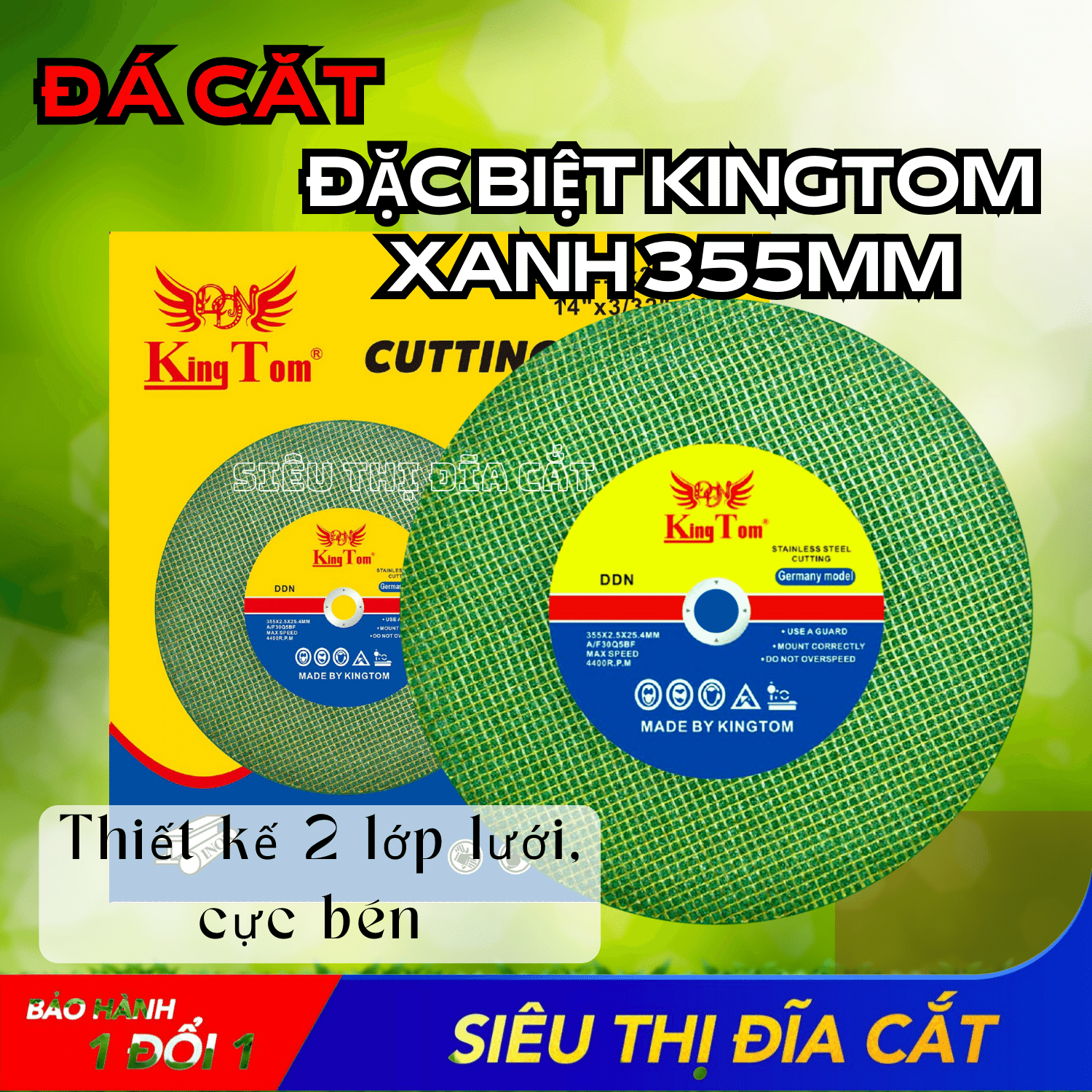Đá Cắt Đặc Biệt KingTom Xanh 355x2.5x25.4mm - Lẻ 5 Viên - Chuyên Cắt Sắt, Inox