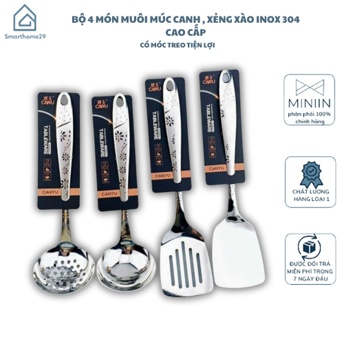 BỘ DỤNG CỤ NHÀ BẾP INOX 4 MÓN – MUỖNG CANH, MUÔI THỦNG, XẺNG XÀO, XẺNG THỦNG – CÓ MÓC TREO TIỆN DỤNG - HÀNG CHÍNH HÃNG MINIIN
