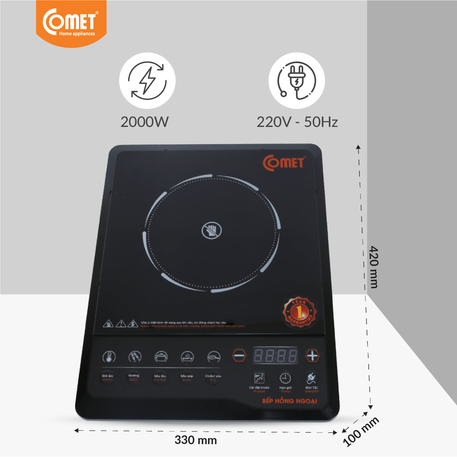 Bếp hồng ngoại Comet CM5517 – công suất 2000W, mặt kính chịu lực, đa chế độ nấu – Hàng chính hãng, bảo hành 12 tháng