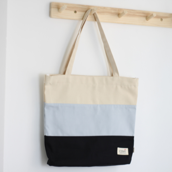 Túi tote vải canvas phom đứng phối sọc 3 màu thời trang COVI nhiều màu sắc T9_ xanh xám