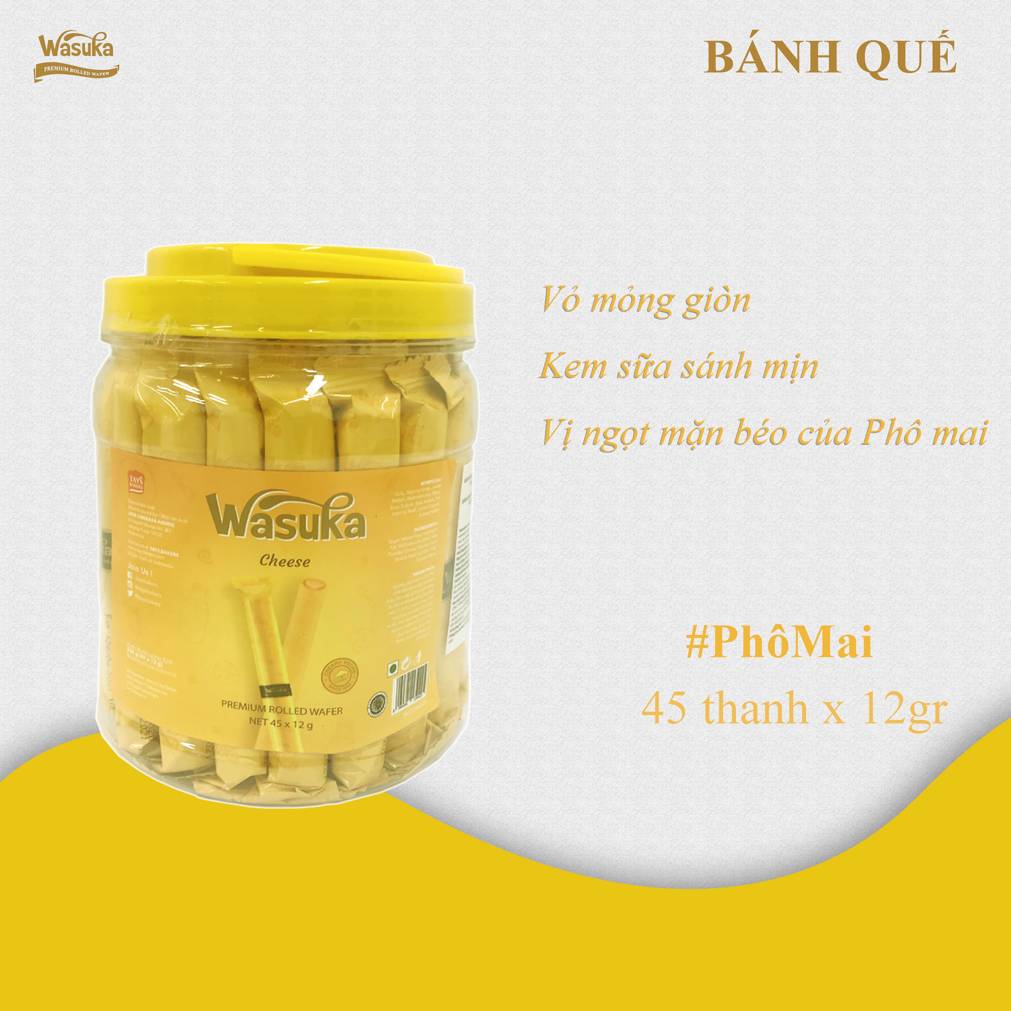 Bánh Quế Wasuka Vị Phô Mai (Hũ 45 thanh x 12gr)