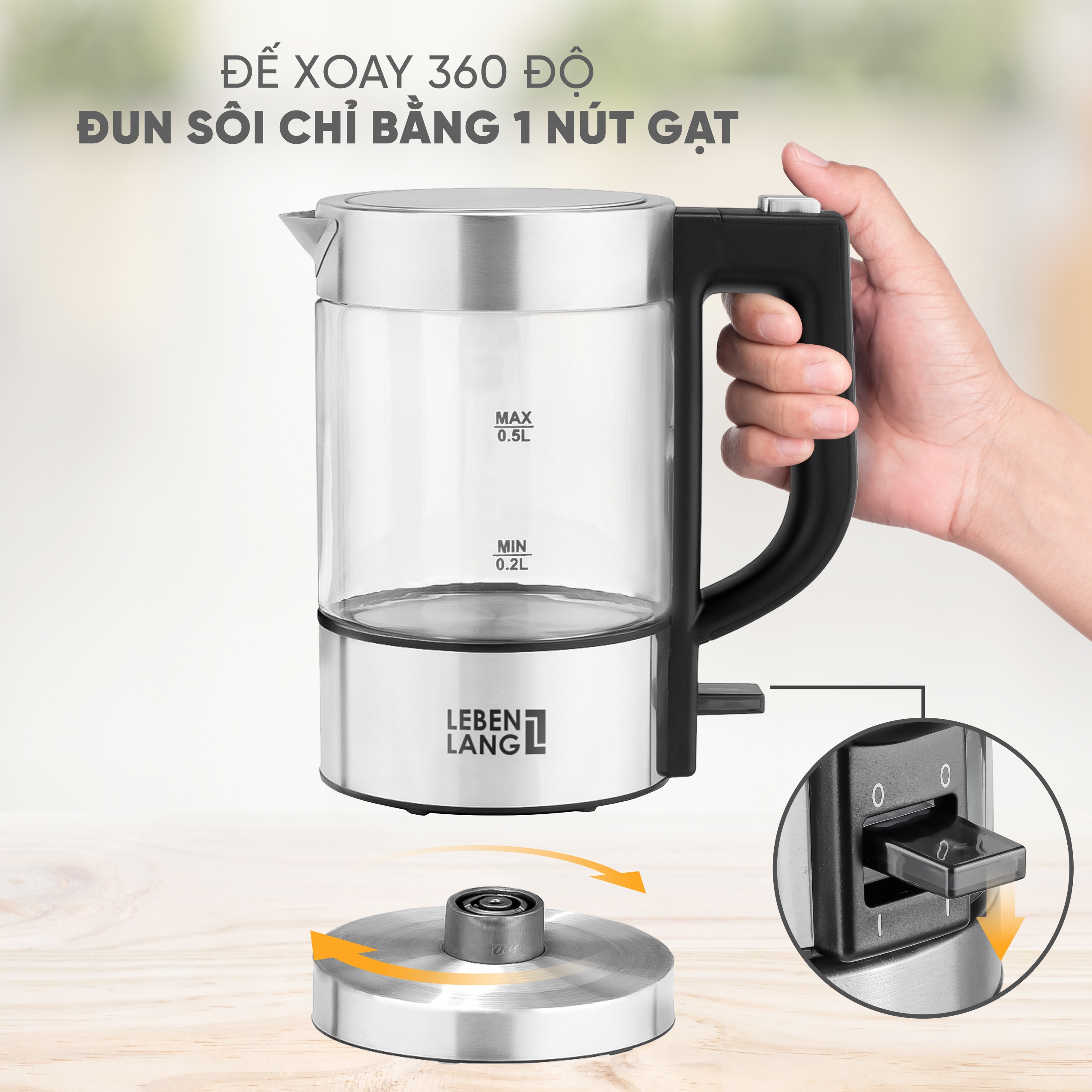 Ấm Siêu Tốc Thuỷ Tinh Cao Cấp Mini Lebenlang 500ml LBL2809 Siêu Đẹp, Đun Siêu Nhanh - Hàng Chính Hãng