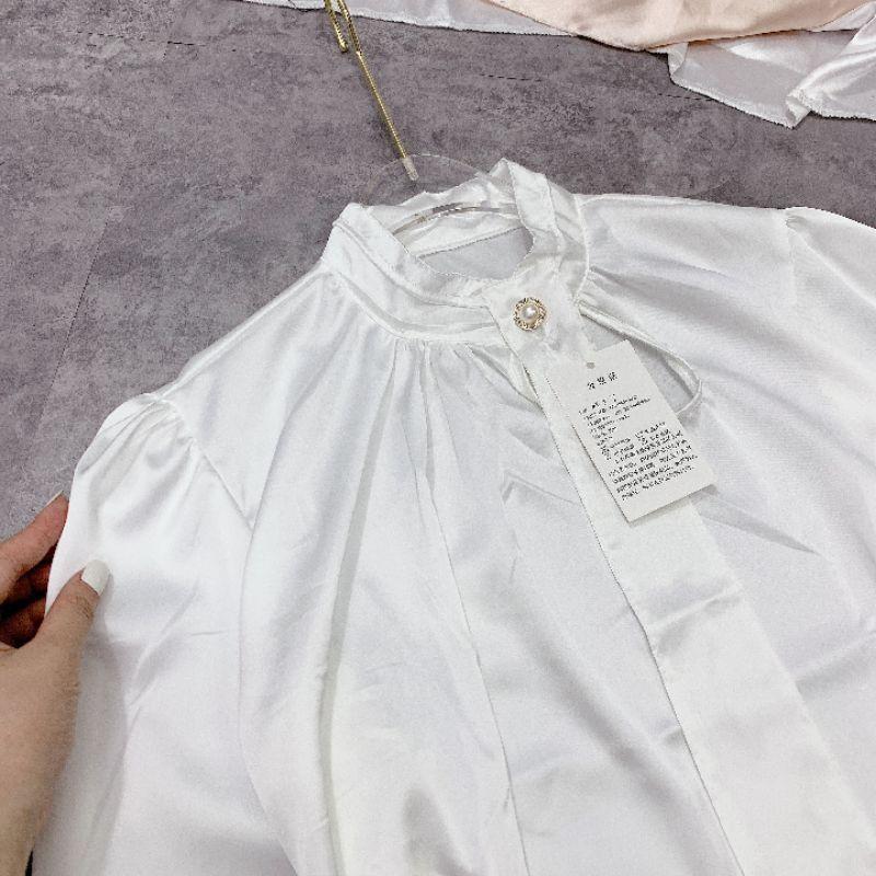Áo Sơ Mi Nữ Trắng Cổ Đính Ngọc Dây Nơ, Áo Sơmi Trắng Văn Phòng Chất Lụa Dài Tay F007