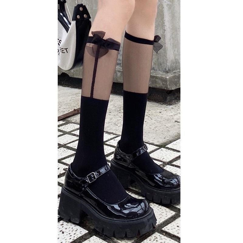 Tất vớ cao đến bắp chân Viền Trong Suốt Đính Nơ phong cách thời trang Lolita Nhật Bản, cá tính cho nữ - khositatvo Voan Màu Đen