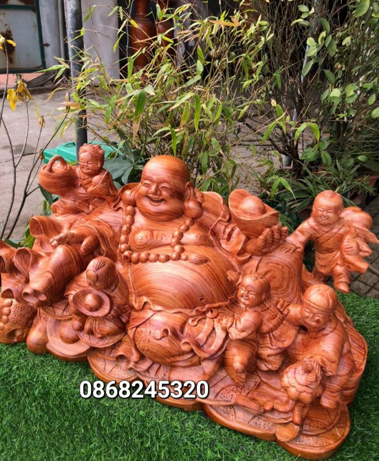 TƯỢNG PHẬT DI LẶC NGŨ PHÚC GỖ HƯƠNG ĐÁ KT 60×30×30CM