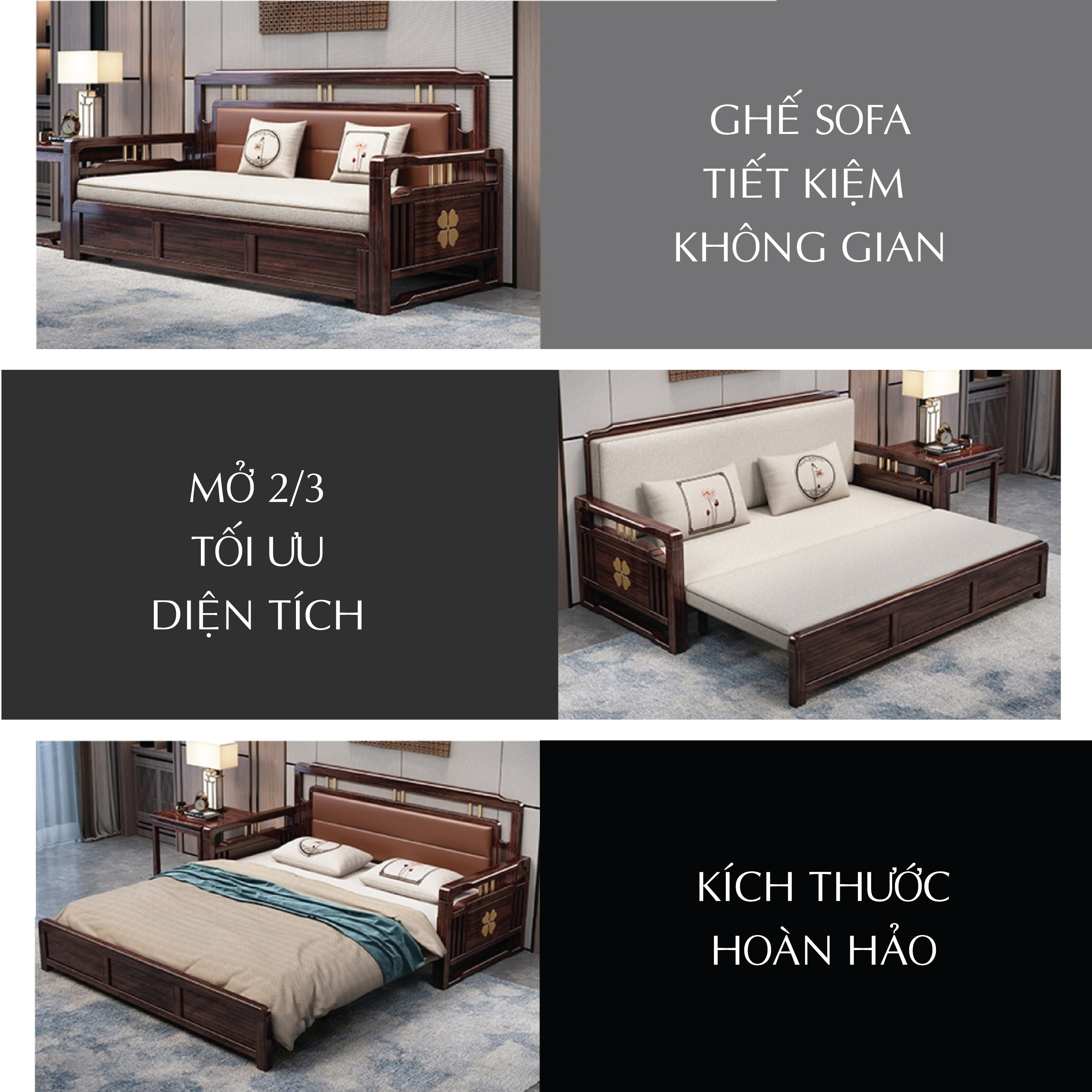 Ghế SoFa Giường Gấp Gọn Thông Minh, Giường Sofa Kéo Cao Cấp Tay Gỗ Tự Nhiên 3 Cấp Độ Gấp Gọn Có Túi Đựng Đồ Siêu Tiện Lợi