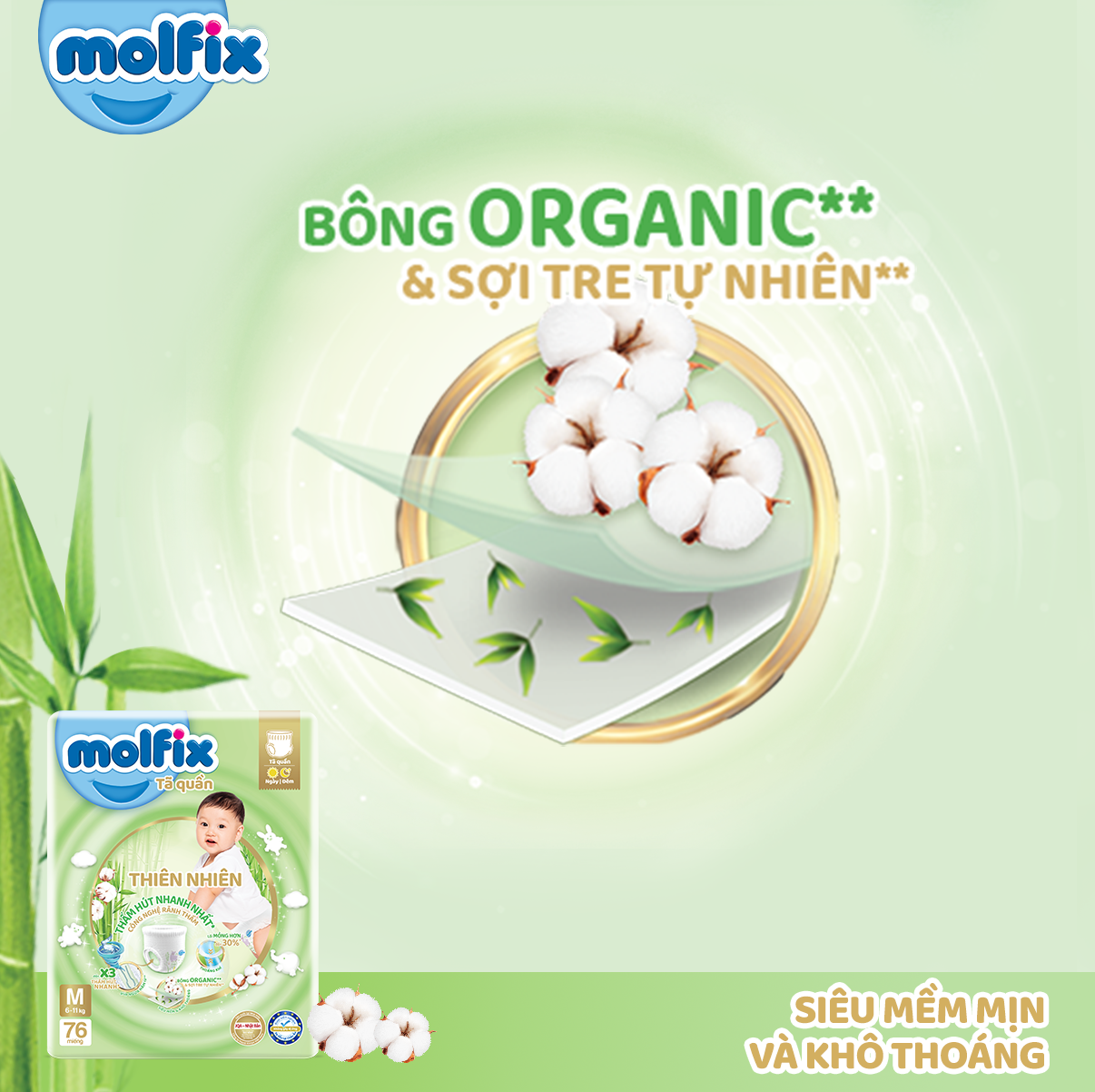 Tã/bỉm dán sơ sinh Molfix Thiên nhiên Jumbo Newborn - Gói 70 miếng