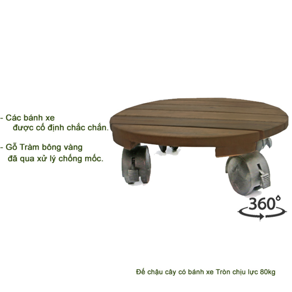 Đế lót chậu cây có bánh xe Greenhome-Đường kính 30 cm chịu lực 80kg- Chất liệu Gỗ Tràm Bông Vàng