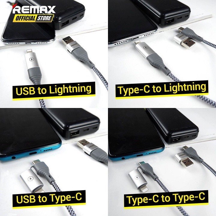 Cáp Sạc Nhanh Đa Năng 4 in 1 Remax RC-011 -  Đầu Sạc Type-C/Lightning/USB-A, Sạc Nhanh 2.4A, Cáp Dây Dù Siêu Bền 1.2m, Dử Dụng Được Cho Nhiều Thiết Bị - Hàng Chính Hãng