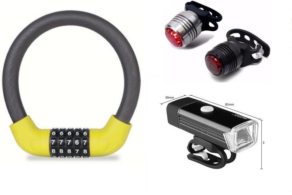 Combo xe đạp Khóa xe đạp 5 số vàng+Đèn pha siêu sáng+Đèn led hậu