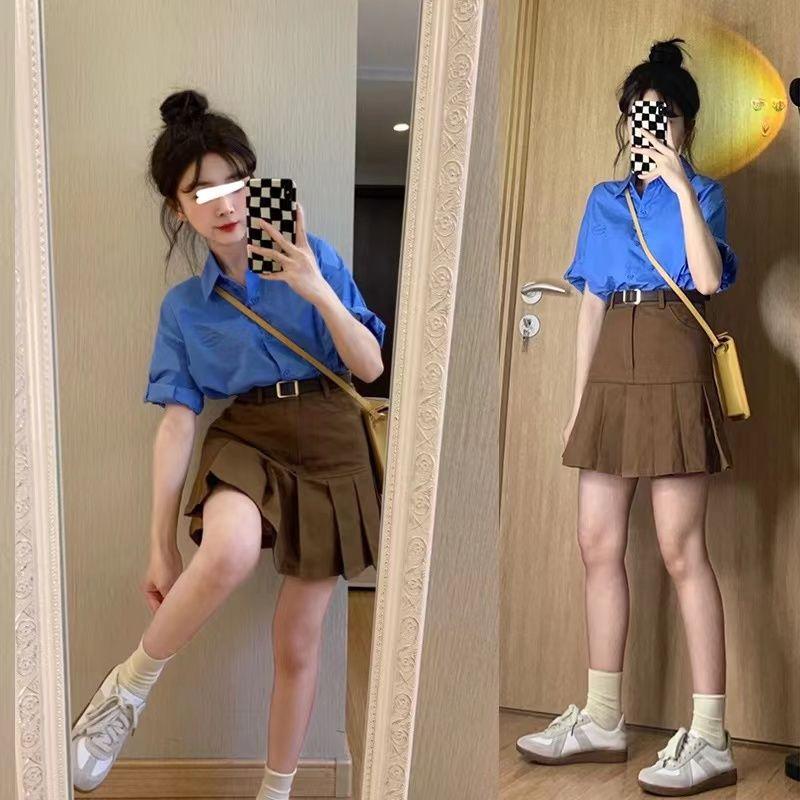 SHUANGYAN REUP mùa hè phù hợp với phụ nữ 2023 nhỏ ngọt ngào cay cao cấp ngắn tay áo sơ mi top a-word váy nửa người