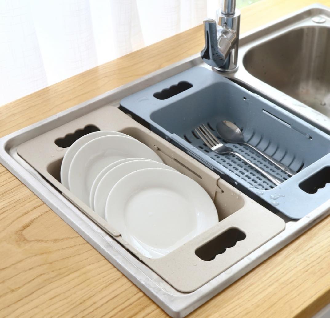 Rổ gác bồn gấp gọn đa năng lúa mách tiện dụng và hộp nhựa 3 ngăn có thìa