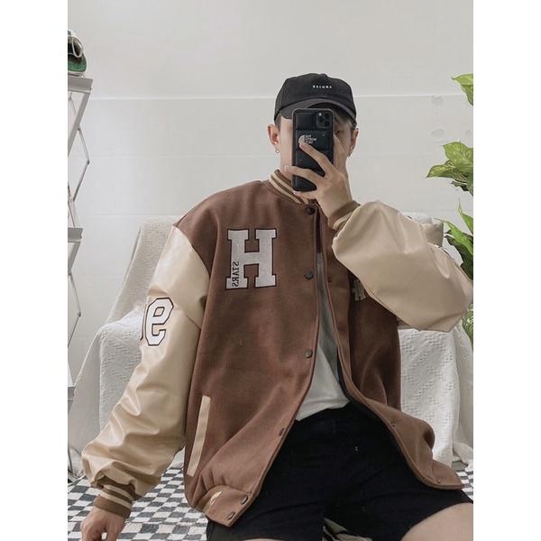 Bomber dạ phối tay da bomber nam có thêu chữ H