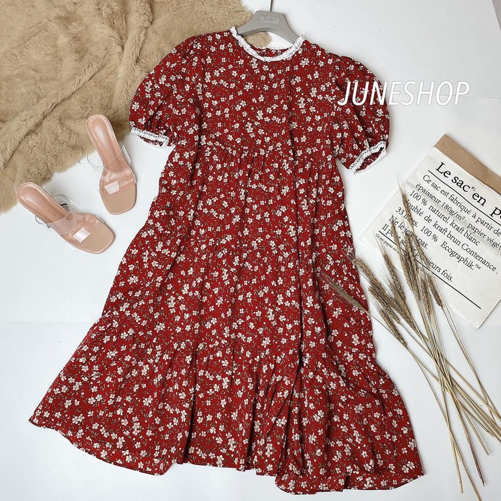Váy bầu thời trang thiết kế mùa hè suông hoa nhí vintage màu đỏ
