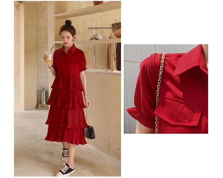 SHUANGYAN Blue Sea Yueno Fairy Mori Dress Platterone váy mối tình đầu màu đỏ 2023 mùa hè khí chất bánh váy chiffon đầm
