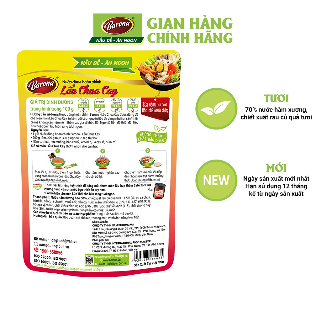 Hộp Xuân Nước Dùng Hoàn Chỉnh Barona 180g, 2 gói Lẩu Thái, 2 gói Lẩu Chua Cay, 1 gói Lẩu Kim Chi