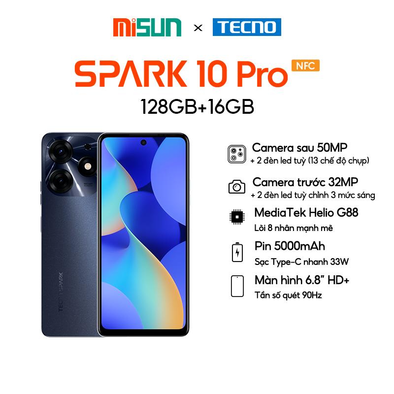 Điện thoại Tecno SPARK 10 Pro 8GB/128GB - Camera 50MP | 5000 mAh | Sạc nhanh 18W | Cảm ứng vân tay | Hàng Chính Hãng