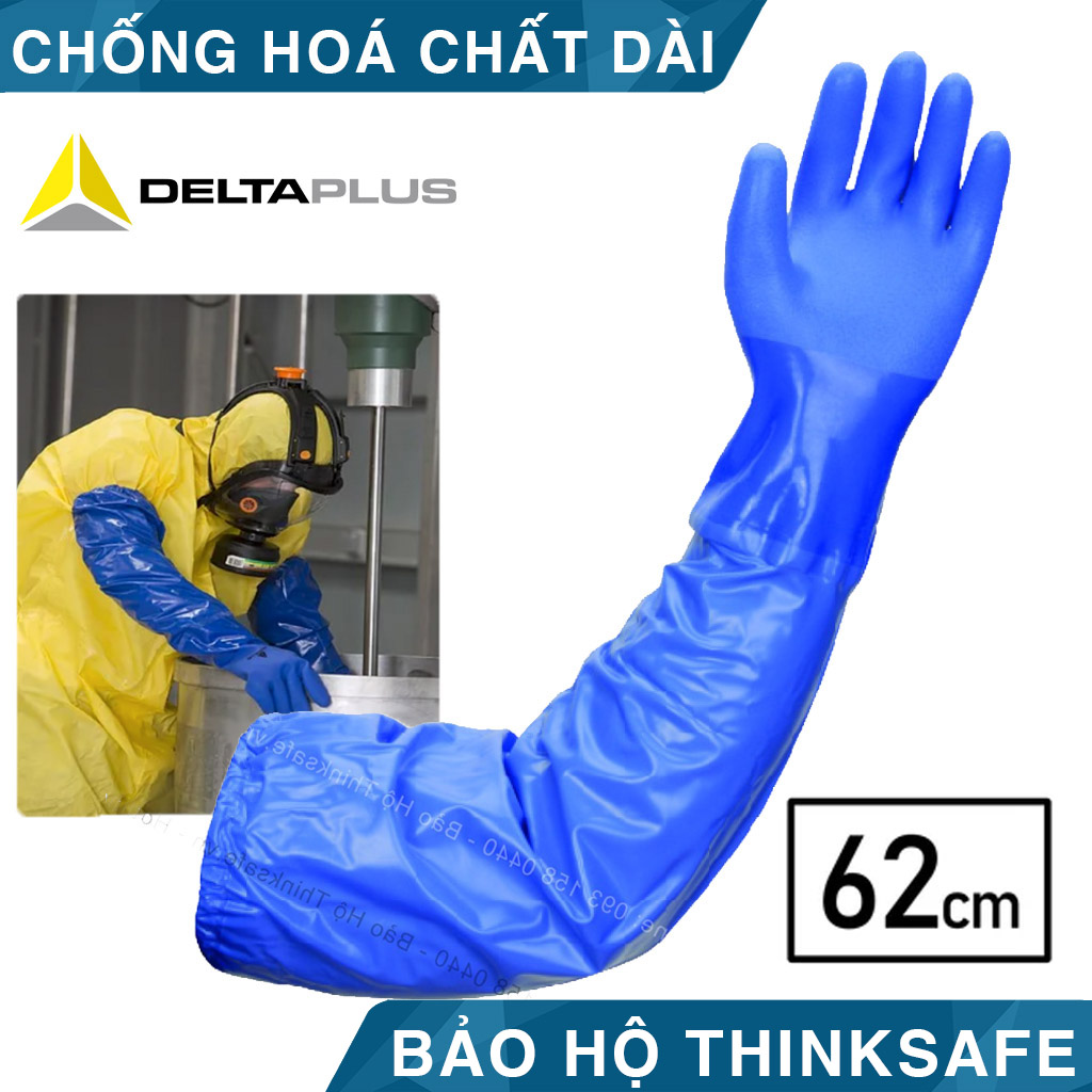 Găng tay chống hóa chất Deltaplus VE766 chống mài mòn, chống dầu và hóa chất, thấm hút mồ hôi tốt (xanh dương) - Plastic Glove Code 3926.20