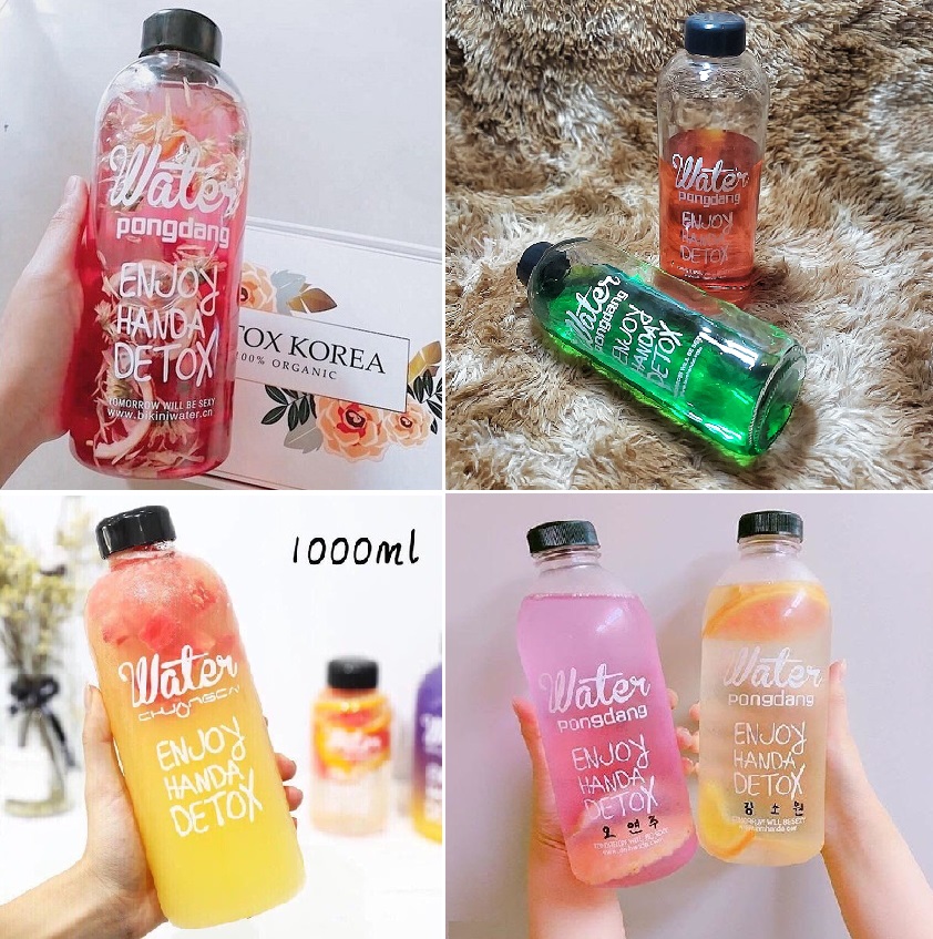 2 Chai Thủy Tinh đựng nước DETOX 1000ML mẫu Cao - Nắp nhựa có gioăng cao su