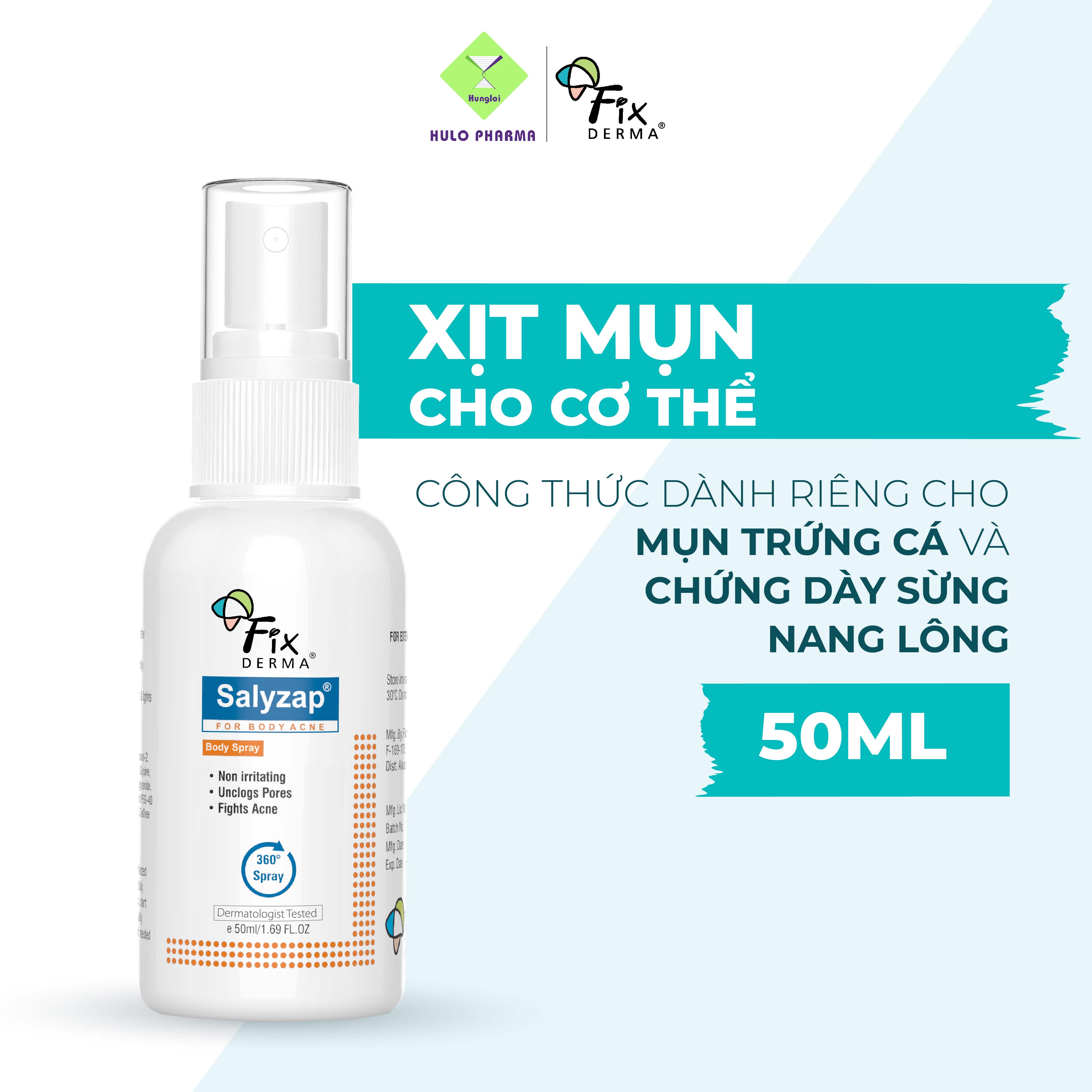 Xịt Mụn Lưng FIXDERMA Salyzap For Body Spray Ngừa Mụn, Giảm Viêm, Ngăn Dày Sừng Nang Lông Giúp Da Sáng Mịn, Giảm Thâm Mụn 50ml [Hùng Lợi]