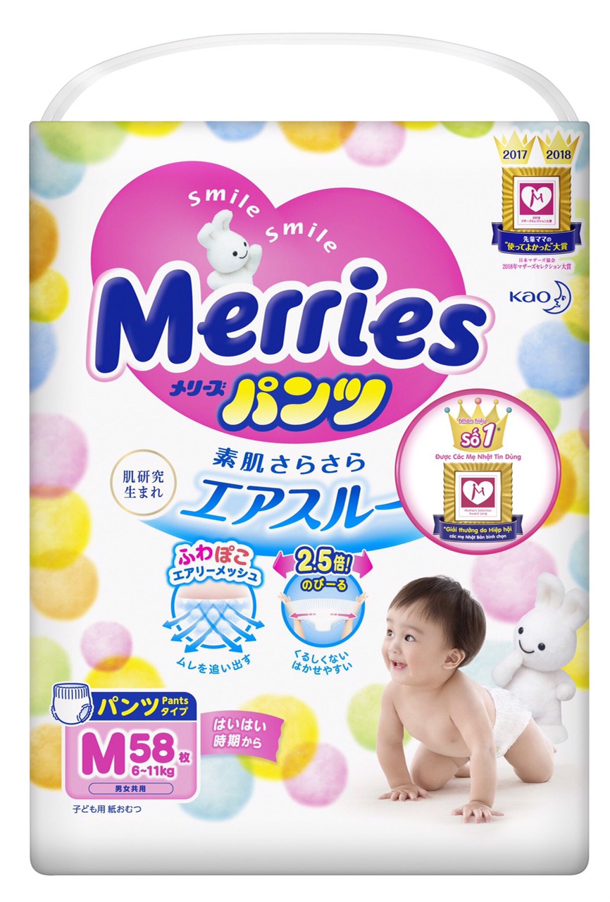 Bỉm Merries Nhật - Tã Merries nội địa loại quần  M64(58+6) (Cho bé 6 - 11kg)