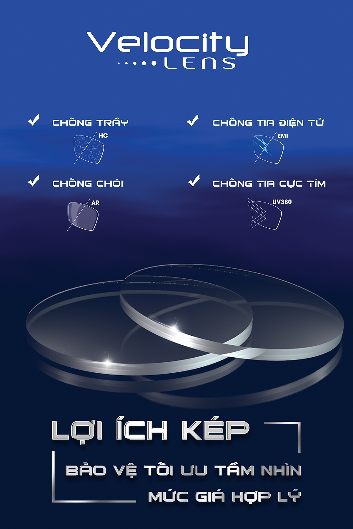 Tròng kính cận VELOCITY VL1.56 HMC UV EMI