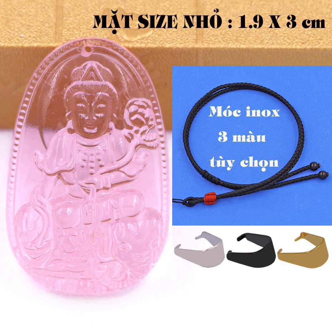 Mặt Phật Phổ hiền pha lê hồng 1.9cm x 3cm kèm vòng cổ dây dù đen + móc inox vàng, Phật bản mệnh, mặt dây chuyền