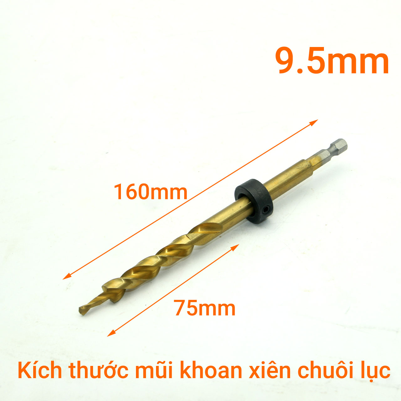 Mũi khoan xiên gỗ 9.5mm x 160mm phủ titan vàng chuôi lục