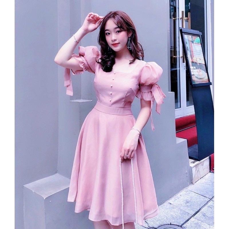 ĐẦM TAY NGẮN BUỘC NƠ TRẮNG, HỒNG XINH XẮN