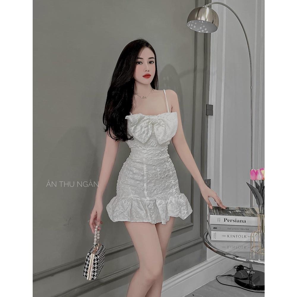 Đầm váy nữ gấm 2 dây phối nơ đuôi cá xinh xắn, sexy dành cho các tiểu thư đi chơi, dạo phố