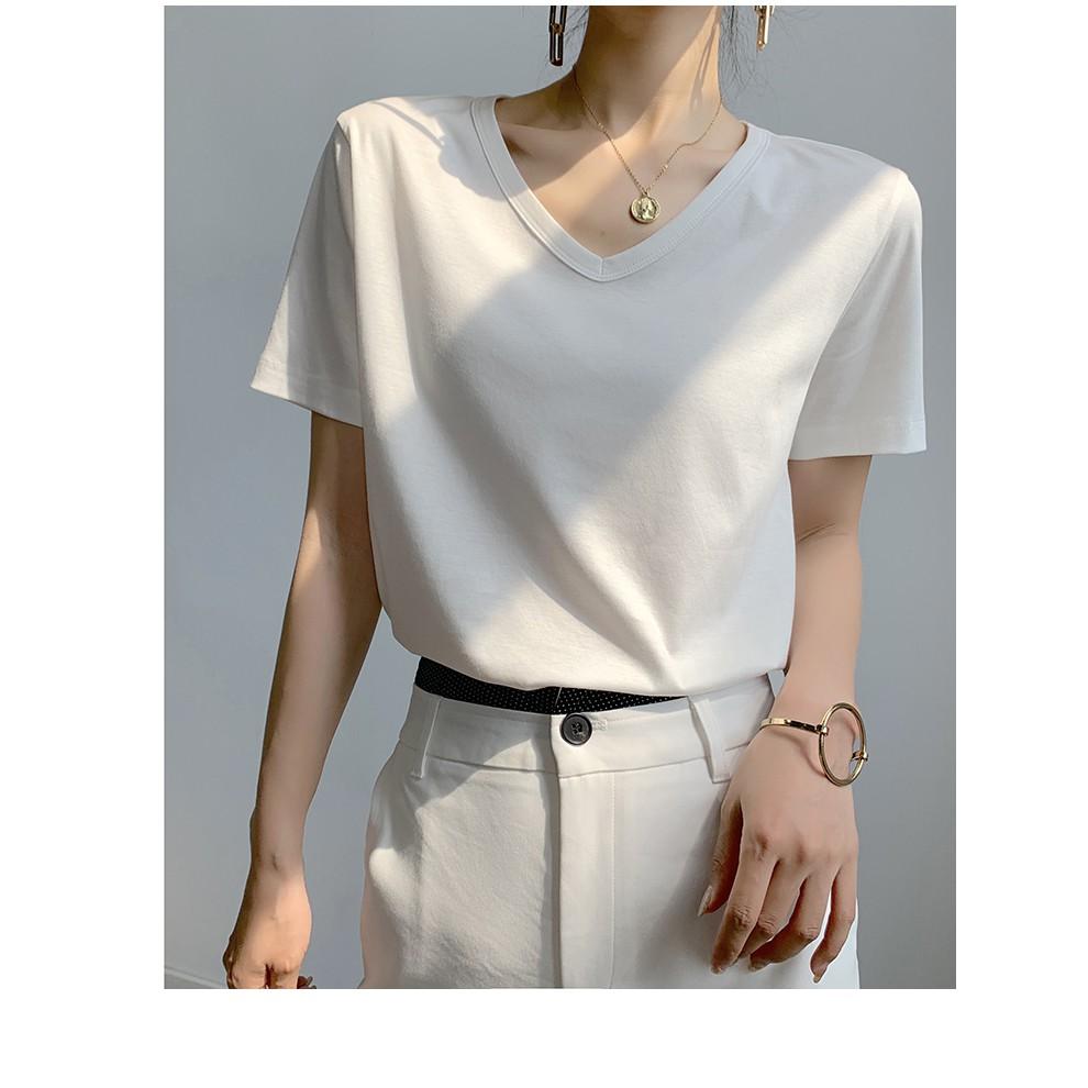 Áo Thun Nữ Cổ Tim Cộc Tay - Áo Phông Trơn Nữ Cổ Tim Cotton Cao Cấp, Dáng Xuông Trẻ Trung Năng Động