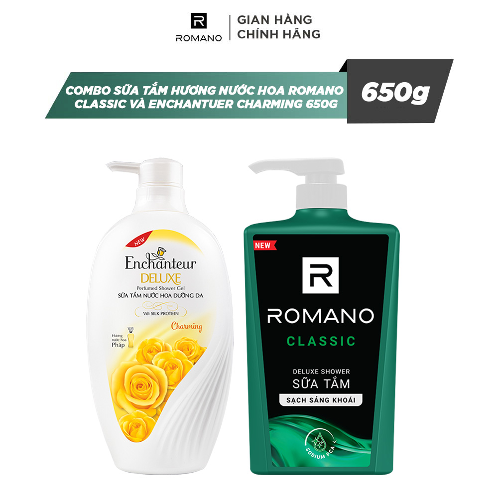 Combo sữa tắm hương nước hoa Romano Classic và Enchanteur Charming 650g